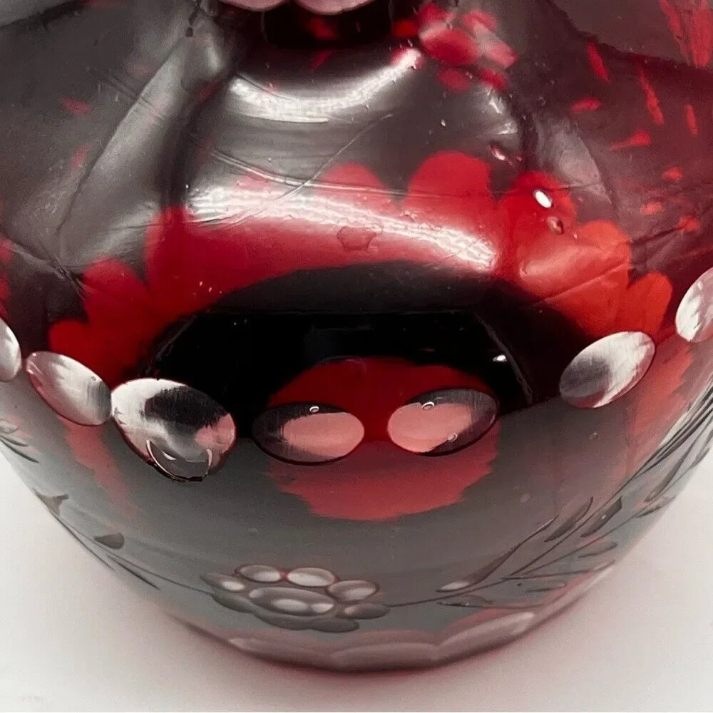 Vintage Czech Bohemian Ruby Red Cut To Clear Floral Etched Glass Decanter Vase